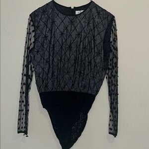 Bill Blass Black Sheer Beaded Bodysuit with Embellished Sleeves